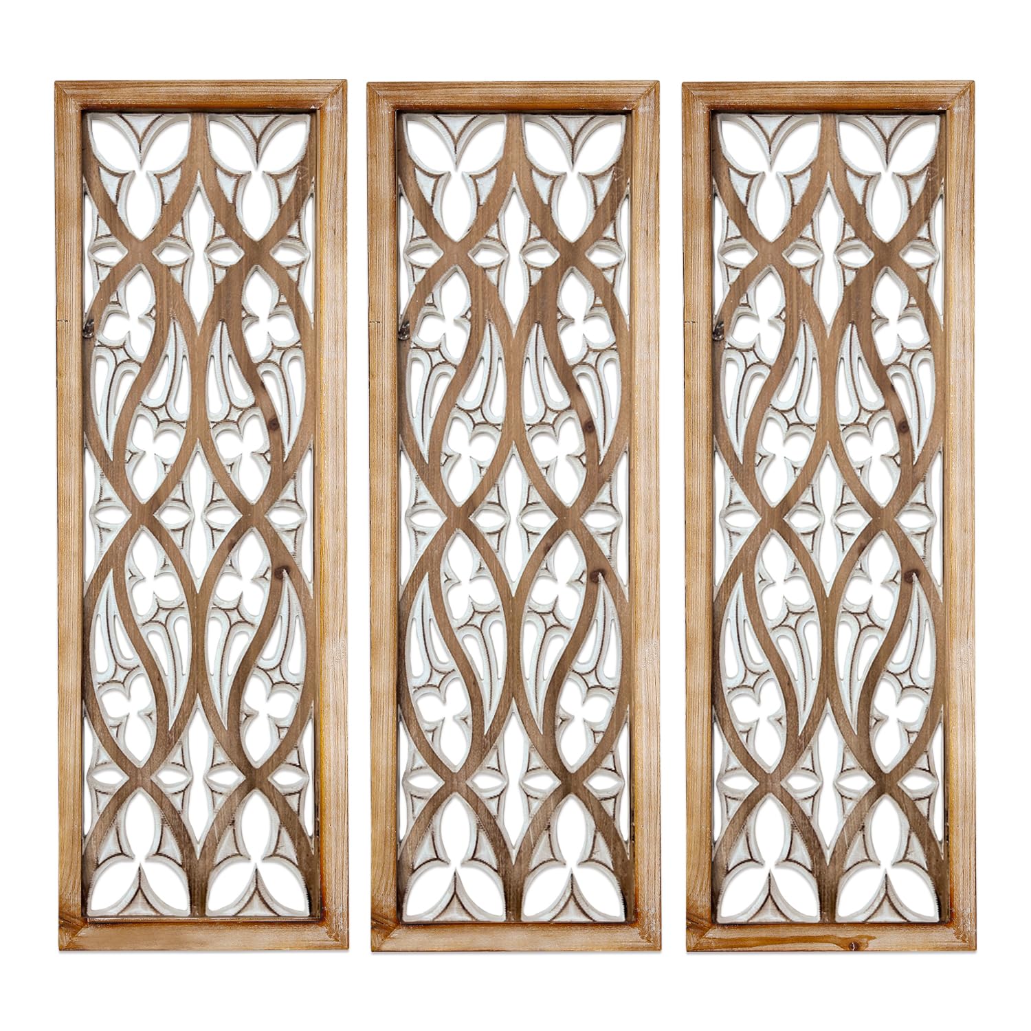 XIAOAIKA Boho Carved Wall Art Decor, 35.5 Inch Hand-Carved Panels, Antique Distressed White Wall Sculpture, Decorative Hanging Wall Décor, Elegant Vintage Wall Art Plaque (3 Panels)