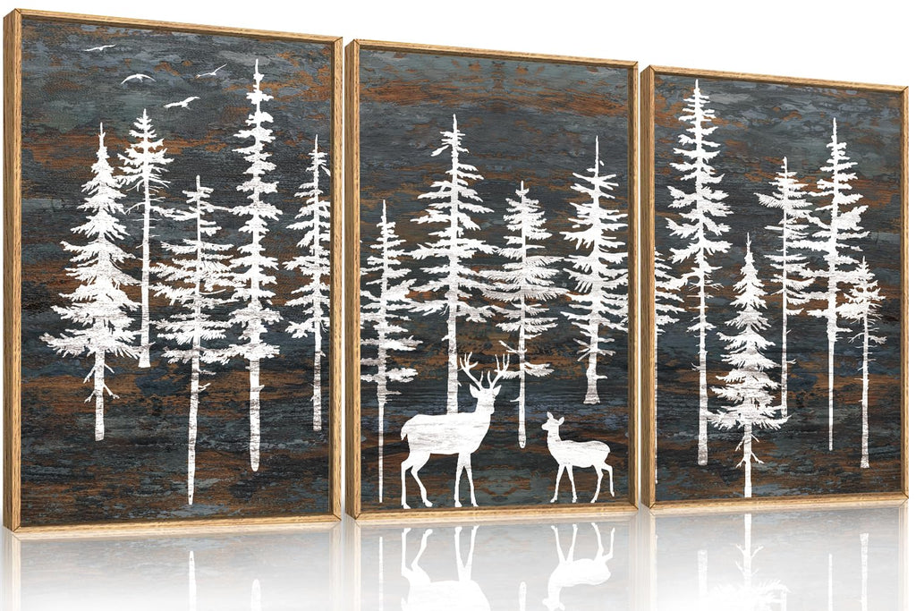 Set of 3 16"X24" Woodcut Mountain Pine Forest Sunrise Framed Canvas Wall Art Rustic Boho Wooden Print for Living Room Bedroom Office, Non-3D