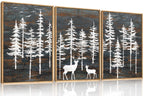 Set of 3 16"X24" Woodcut Mountain Pine Forest Sunrise Framed Canvas Wall Art Rustic Boho Wooden Print for Living Room Bedroom Office, Non-3D
