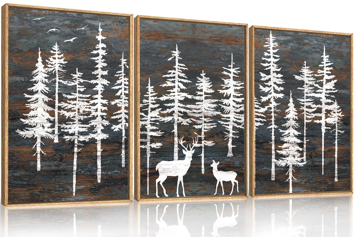 Set of 3 16"X24" Woodcut Mountain Pine Forest Sunrise Framed Canvas Wall Art Rustic Boho Wooden Print for Living Room Bedroom Office, Non-3D