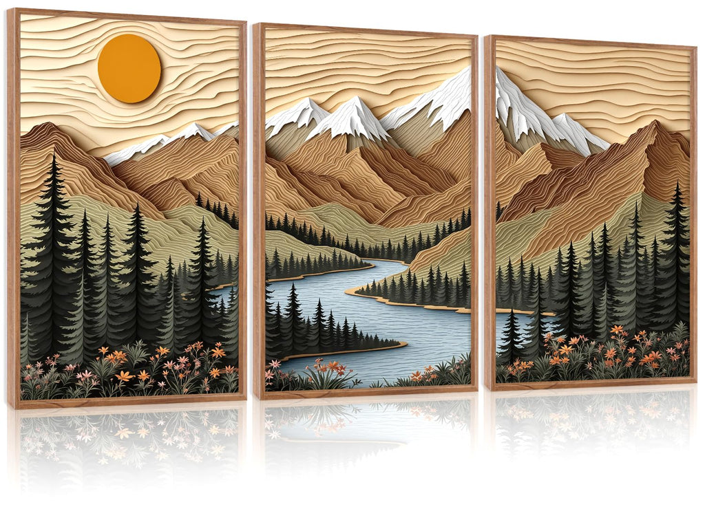 CHDITB Mountain Framed Canvas Wall Art Set of 3, 24"x36" Country Woodcut Style Wall Decor, Forest Nature Wilderness Wall Painting, Large Modern Art Prints for Living Room, Bedroom, Farmhouse, Office