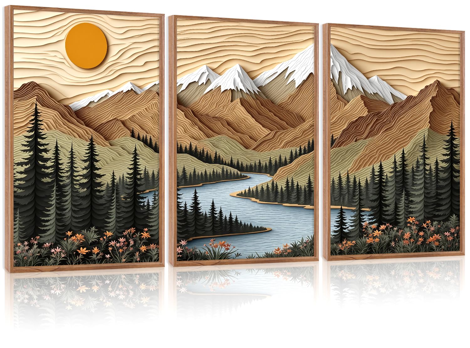 CHDITB Mountain Framed Canvas Wall Art Set of 3, 24"x36" Country Woodcut Style Wall Decor, Forest Nature Wilderness Wall Painting, Large Modern Art Prints for Living Room, Bedroom, Farmhouse, Office