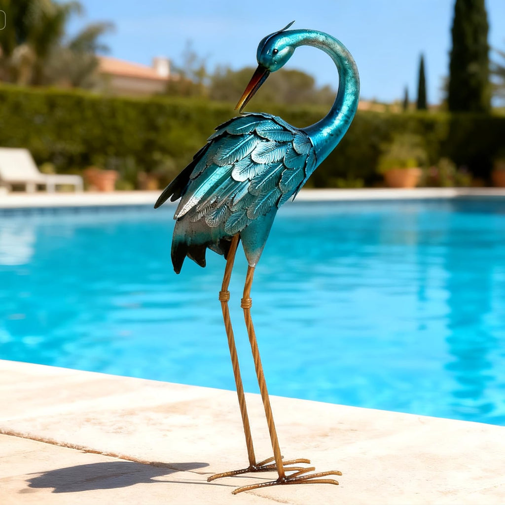 Chisheen Large Metal Blue Heron Crane Garden Statues Bird Decoy Lawn Ornaments for Backyard Pond Patio Porch Outdoor Decor