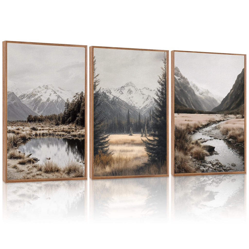 LHIUEM Vintage Woodcut Mountain Framed Canvas Wall Art,Forest Pine Tree Boho Wall Decor,Wilderness Sunset Landscape Artwork for Living Room,Bedroom,Dining Room,Office -16"x24"x3