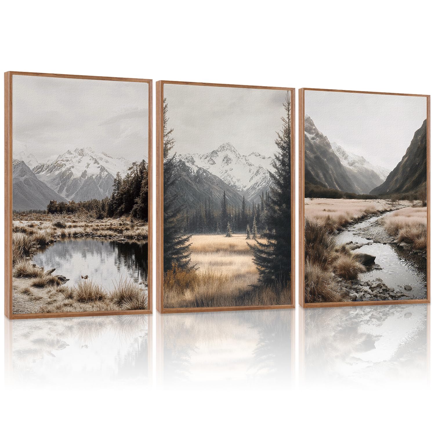 LHIUEM Vintage Woodcut Mountain Framed Canvas Wall Art,Forest Pine Tree Boho Wall Decor,Wilderness Sunset Landscape Artwork for Living Room,Bedroom,Dining Room,Office -16"x24"x3