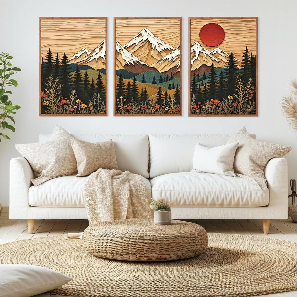 LHIUEM Vintage Woodcut Mountain Framed Canvas Wall Art,Forest Pine Tree Boho Wall Decor,Wilderness Sunset Landscape Artwork for Living Room,Bedroom,Dining Room,Office -16"x24"x3