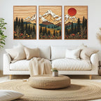 LHIUEM Vintage Woodcut Mountain Framed Canvas Wall Art,Forest Pine Tree Boho Wall Decor,Wilderness Sunset Landscape Artwork for Living Room,Bedroom,Dining Room,Office -16"x24"x3