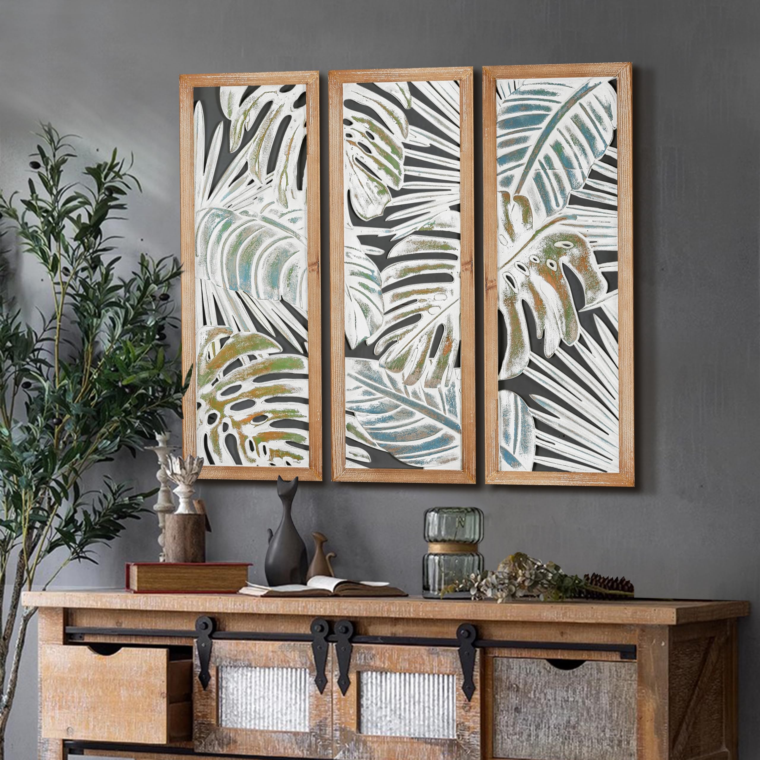 XIAOAIKA Boho Carved Wall Art Decor, 35.5 Inch Hand-Carved Panels, Antique Distressed White Wall Sculpture, Decorative Hanging Wall Décor, Elegant Vintage Wall Art Plaque (3 Panels)